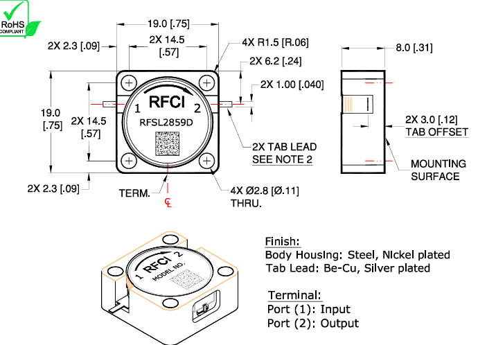 RFCI RFSL2859D插入式法蘭安裝環形隔離器3.3-3.8GHz
